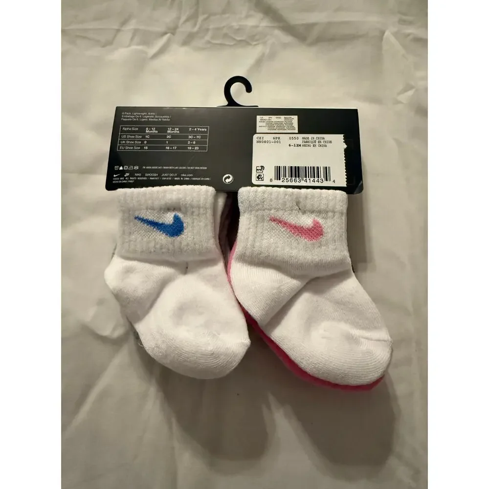 Nike Baby 6 Pk Multicolor Ankle Cotton Cushion Swoosh Logo Sock Set Sz 6-12 MO